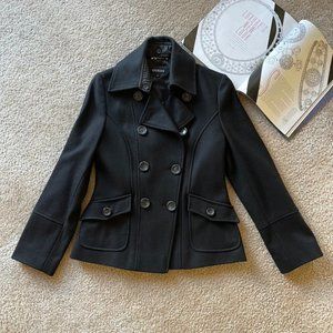 NWOT Guess Women's Black Cropped Double Breasted Wool Blend Pea Coat Siz…